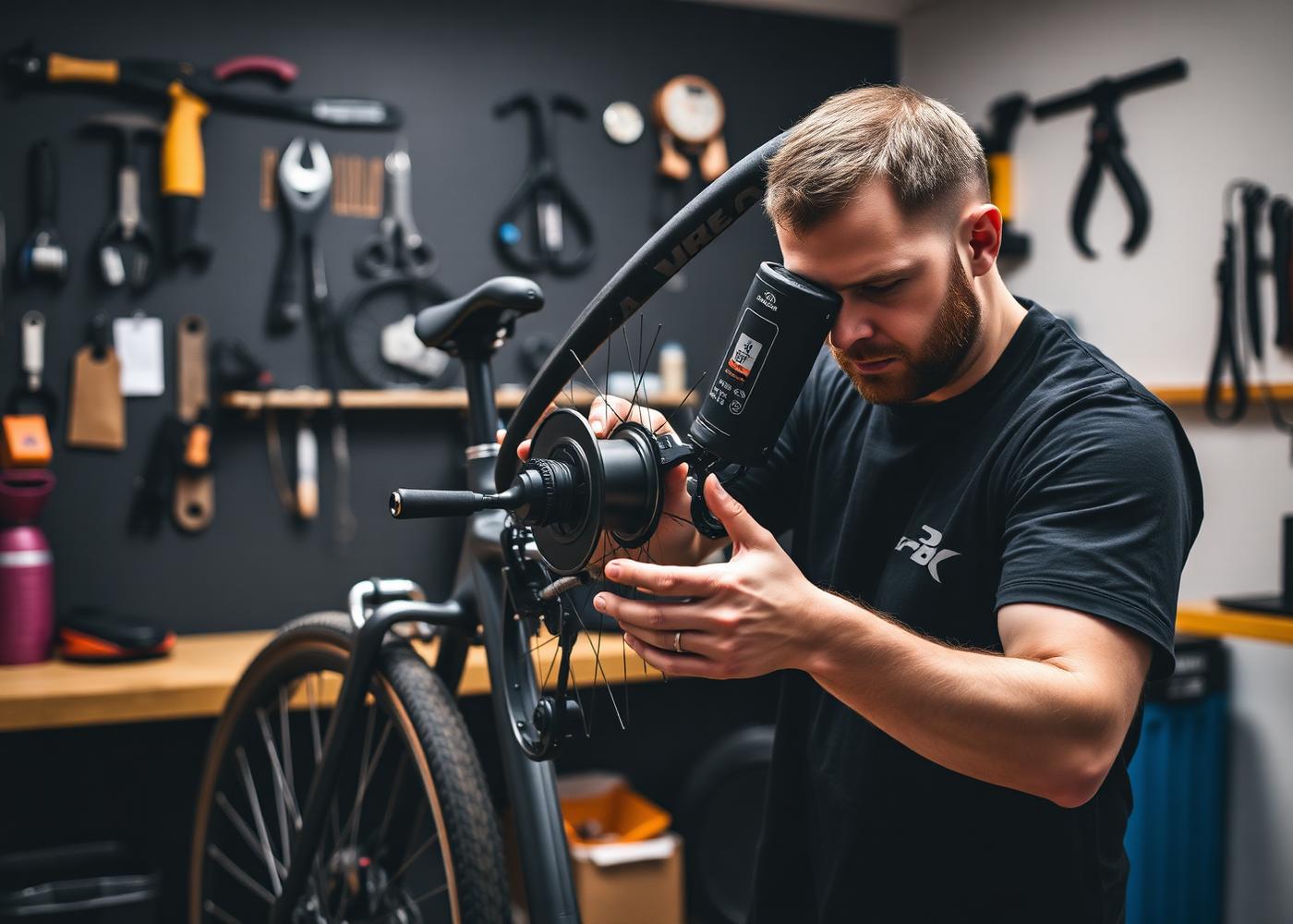 Mecânico especializado fazendo manutenção no motor de uma bicicleta elétrica